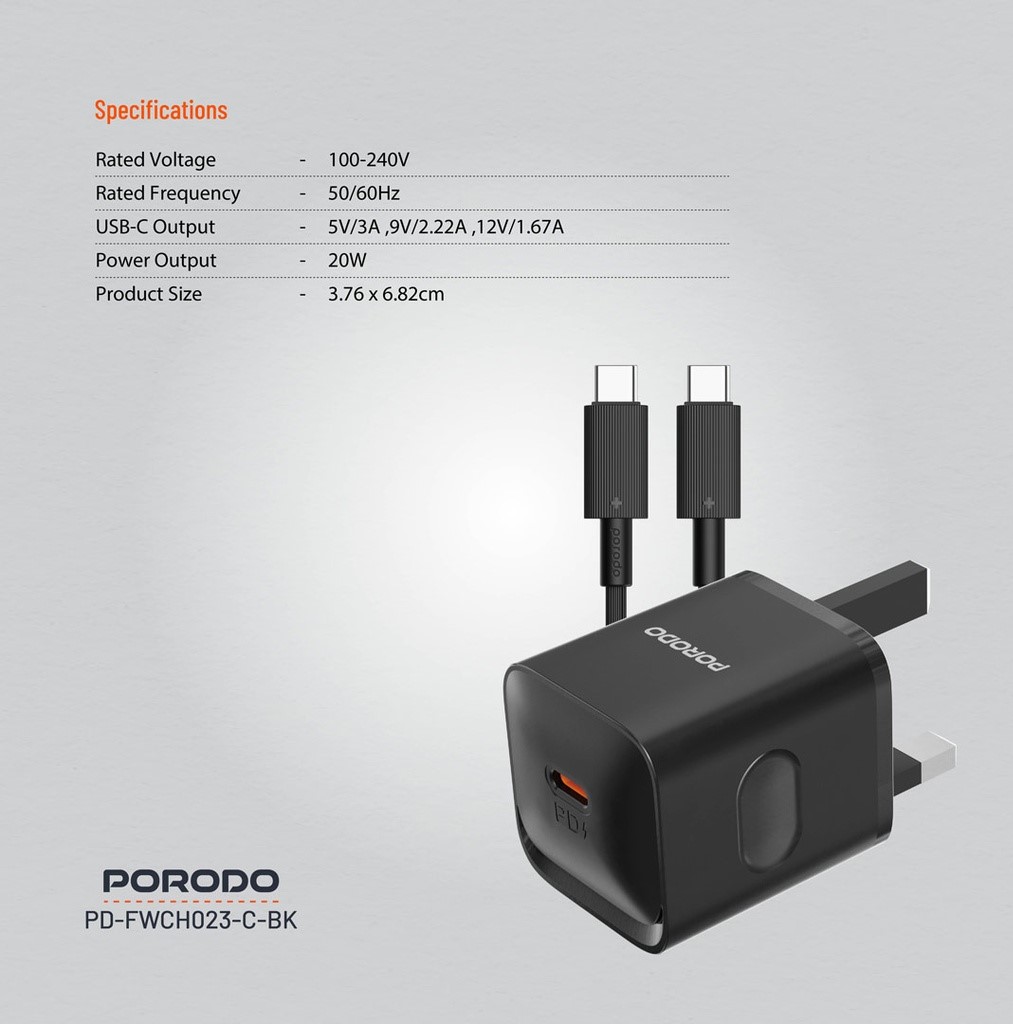 1749667760_Porodo20USB-C20Power20Delivery20Wall20Charger20with20Type-C20Cable20-20Black.jpg PORODO DUAL PORT WALL WITH CHARGER C TO C CABLE - Image 1