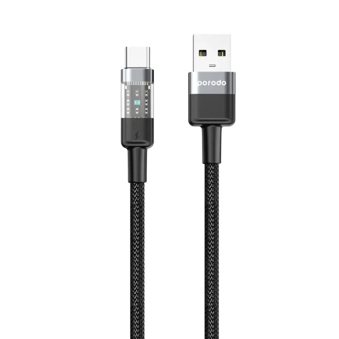 PORODO BRAIDED 3A PD A TO C FAST CHARGING CABLE WITH TRANSPARENT HEAD 1.2M - BLACK