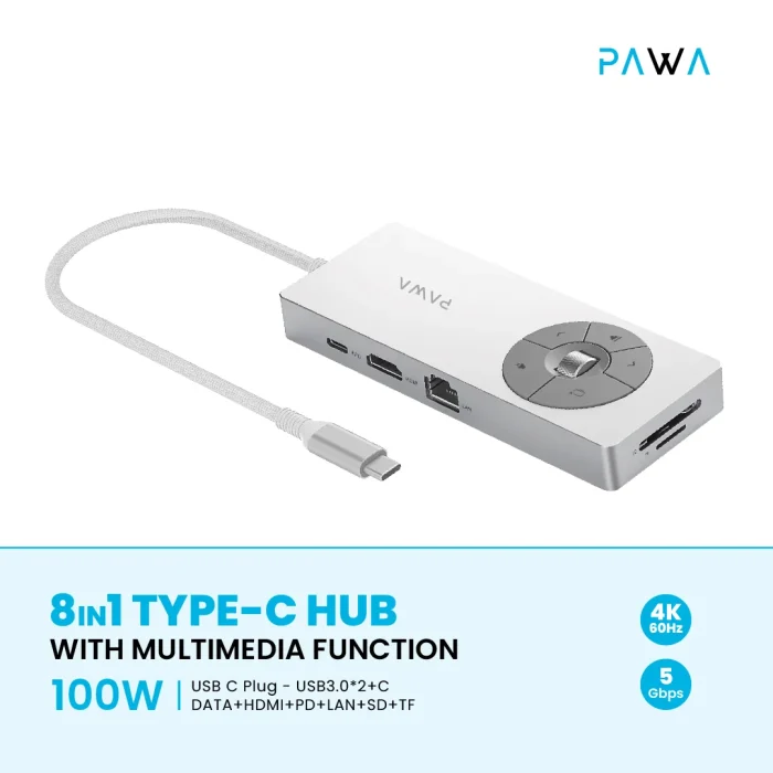 Pawa 8IN1 Type-C Hub With Multimedia Function PD100W PW-THUB8124