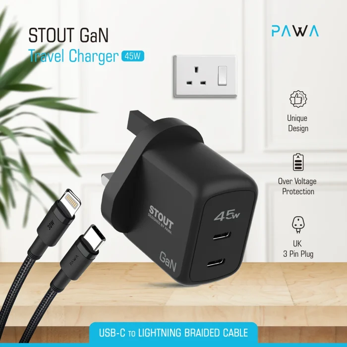 PAWA STOUT GAN TRAVEL CHARGER WITH DUAL PD PORT 45W C-L