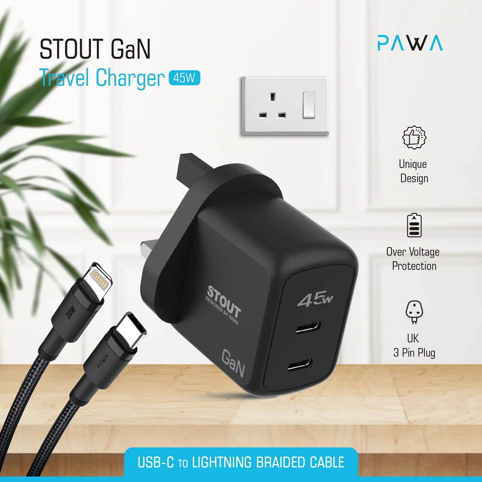 1758960727_701202847_PW-GN45UKTL-BK202.webp PAWA STOUT GAN TRAVEL CHARGER WITH DUAL PD PORT 45W C-L - Image 1