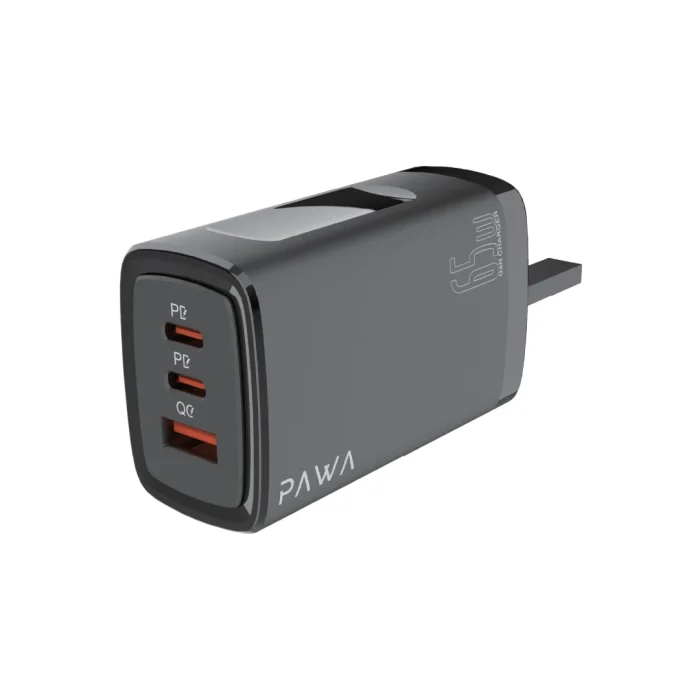 Pawa Solid Travel Charger Dual PD & QC Port GaN 65W UK - Black PW-TA65PDUK-BK