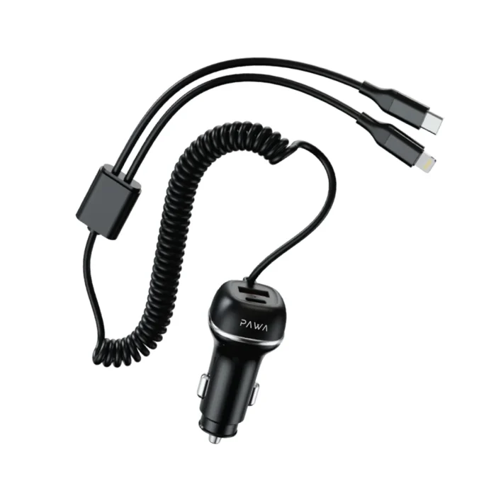 PAWA SOLID CAR CHARGER DUAL PORT WITH C TO LIGHTING CABLE