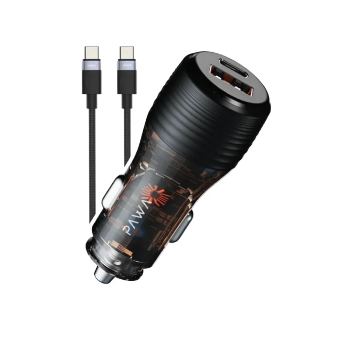 PAWA SOLID CAR CHARGER DUAL PORT PD+QC 51W WITH BRAIDED TYPEC TO TYPEC CABLE - TRANSPARENT
 PW-CC51CA1T-TP