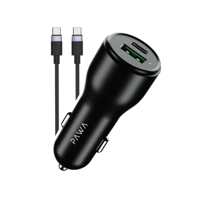 PAWA SOLID CAR CHARGER DUAL PORT PD+QC 51W WITH BRAIDED TYPEC TO TYPEC CABLE - BLACK
 PW-CC51CA5T-BK