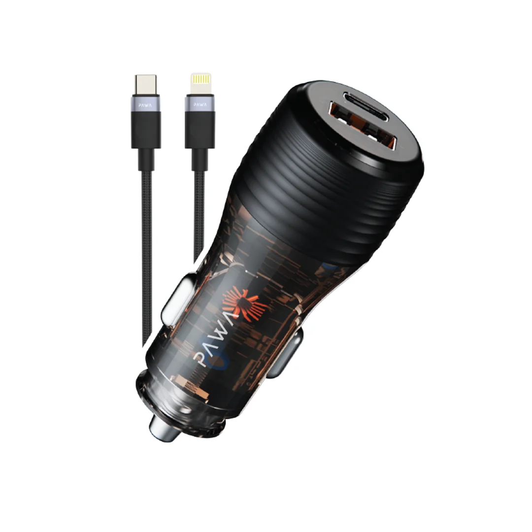 1758963921_6714960_PW-CC51CA1L-TP.webp PAWA SOLID CAR CHARGER DUAL PORT PD+QC 51W WITH BRAIDED TYPEC TO LIGHTNING CABLE - TRANSPARENT
PW-CC51CA1L-TP - Image 1