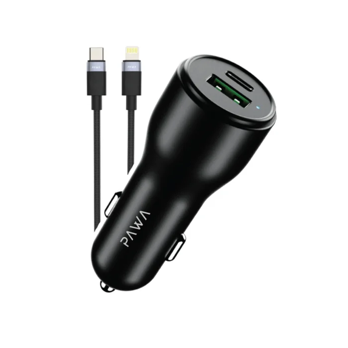 PAWA SOLID CAR CHARGER DUAL PORT PD+QC 51W WITH BRAIDED TYPEC TO LIGHTNING CABLE - BLACK
 PW-CC51CA5L-BK