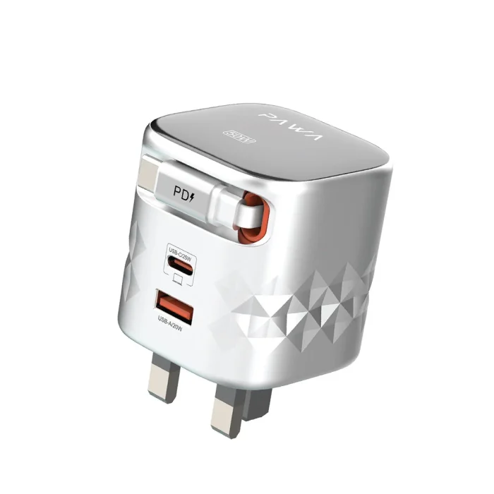 Pawa Retro 50W UK Charger With Retractable Cable - Grey & Black PW-TAR50ACT-GYBK