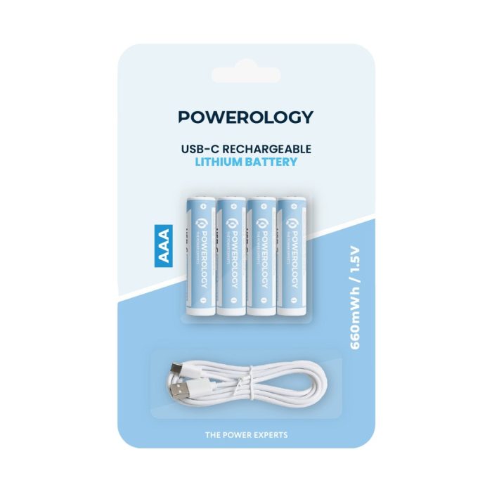 Powerology USB-C Rechargeable Lithium AAA Battery (4pc pack) - White PAAAV2RBT
