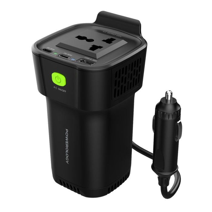 POWEROLOGY 150W CUP HOLDER POWER INVERTER - DUAL USB-C & USB-A QC3.0 PORTS, PD 30W, 150W AC OUTPUT