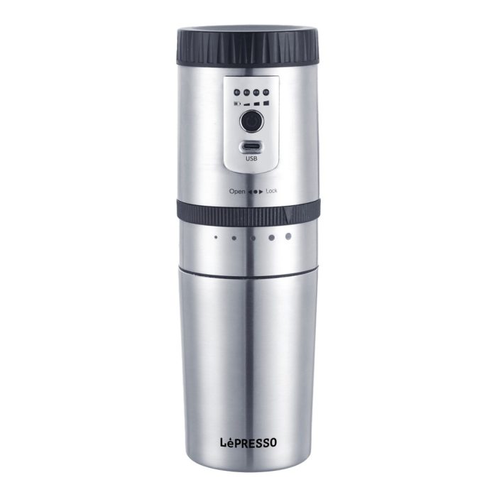 LePresso Portable Mug Burr Grinder Coffee Maker -Silver